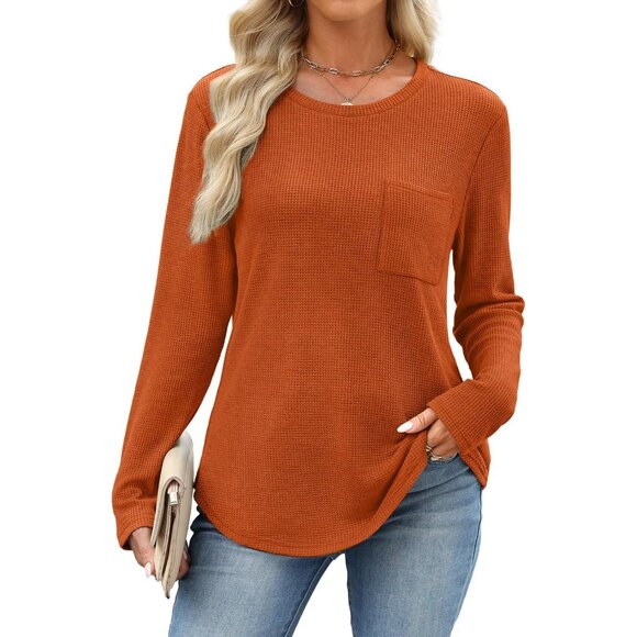 Long Sleeve Shirts for Women Waffle Knit Trendy Fall Fashion 2025 Dressy Casual - Picture 2 of 5